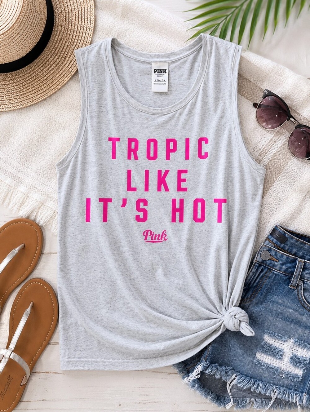 Victoria's Secret PINK Tropic Like It's Hot Graphic Tank Top Gray Pink Size S
